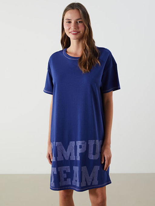 Bisiklet Yaka Bask?l? Kad?n Gecelik