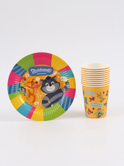 Посуда одноразовая бумажная на 10 персон «Простоквашино»: стаканы, тарелки, скатерть, Союзмультфильм