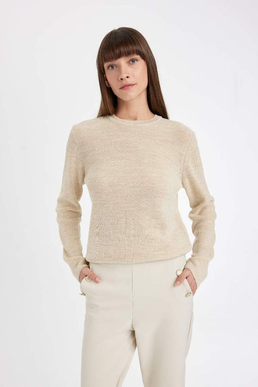 Свитер-туника из блестящей ткани обычного кроя с круглым вырезом - Defacto фото 3