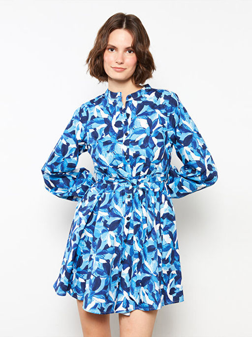 Bisiklet Yaka Desenli Uzun Kollu Poplin Kad?n G?mlek Elbise