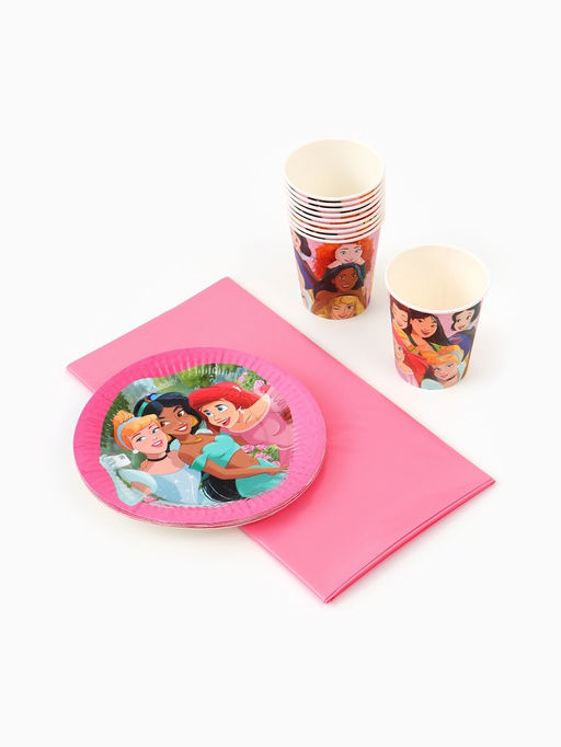 Посуда одноразовая бумажная на 10 персон: стаканы, тарелки, скатерть, Принцессы