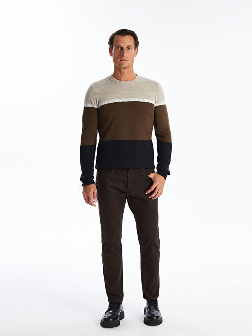 Bisiklet Yaka Uzun Kollu Renk Bloklu Erkek Triko Kazak