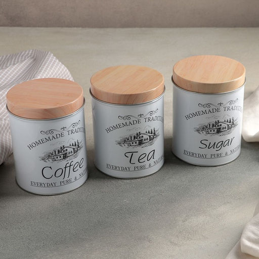 Банки для хранения сыпучих Sugar Coffee Tea, 1.2 л, 10.5×14 см, 3 шт., жесть, серые