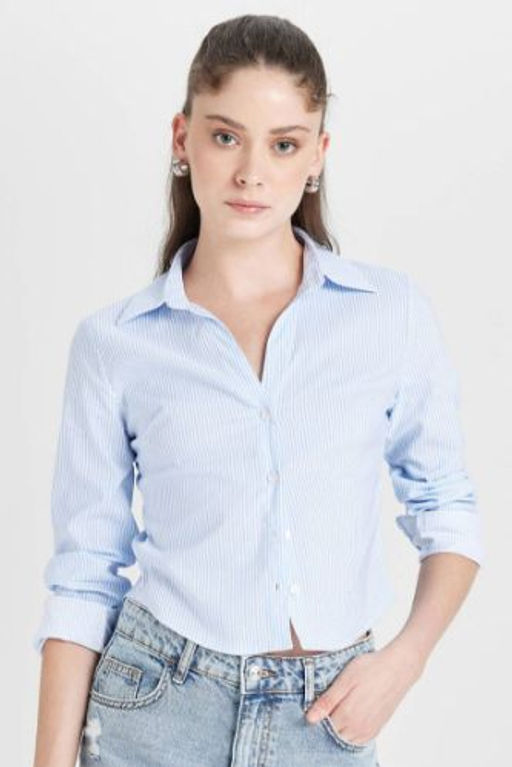 Fitted Cizgili Bengalin Dokuma Uzun Kollu Gomlek