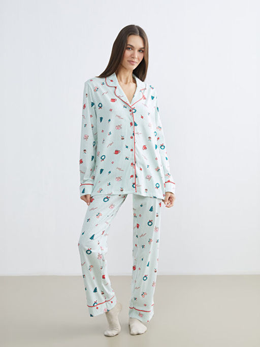 G?mlek Yaka Bask?l? Kad?n Pijama Tak?m?