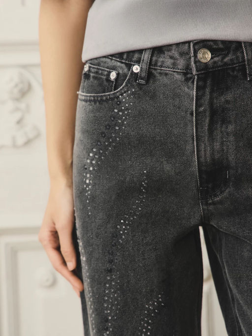 Джинсы straight с высокой посадкой со стразами / Zarina