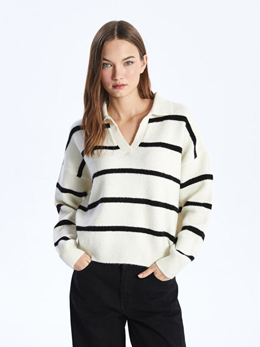 Polo Yaka ?izgili Uzun Kollu Oversize Kad?n Triko Kazak