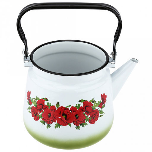 "Восточный мак" Чайник эмалированный 3,5л, д15см, h17,5см, металлическая крышка, подвижная металлическая ручка, белый (Россия)