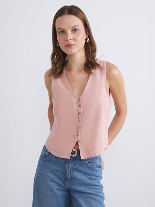 V Yaka Keten Kar???ml? Kad?n Klasik Yelek