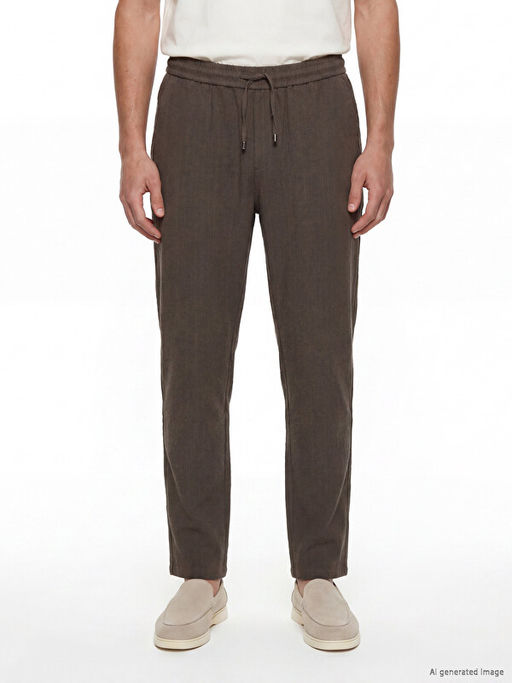 Regular Fit Keten G?r?n?ml? Erkek Pantolon