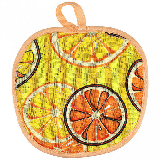 Прихватка с запахом 19х19см "Апельсинки, вид 5", форма "Яблоко", рогожка 171г/м2, хлопок 100%, наполнитель - ватин 280г/м2, на пластмассовом подвесе, "Домашняя мода" (Россия)