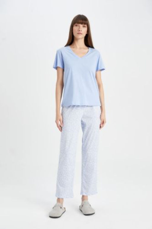 Fall in Love Pijama Tak?m V Yaka K?sa Kollu Basic Duz Ust Desenli Beli Lastikli Alt