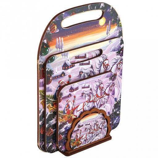 Счастья, Радости, УдачиКомлект деревянный 4 предмета: доска разделочная 29х21х0,6см; доска разделочная 21х19,5х0,6см; подставка под горячее 14,5х14,5х0,8см; салфетница 12,5х8,5х4см (Россия) - Домашняя мода фото 3