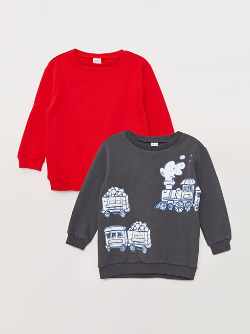 Bisiklet Yaka Uzun Kollu Bask?l? Erkek Bebek Sweatshirt 2li