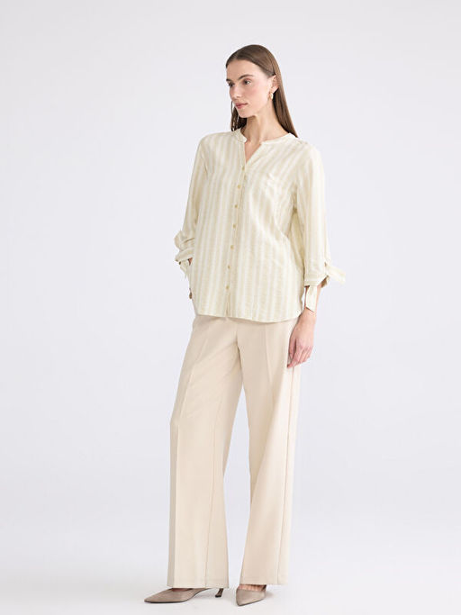 Ka??k Yaka ?izgili Keten Kar???ml? Kad?n G?mlek