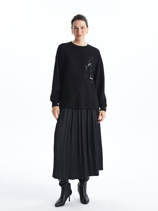 Bisiklet Yaka Pul Payetli Oversize Kad?n Sweatshirt