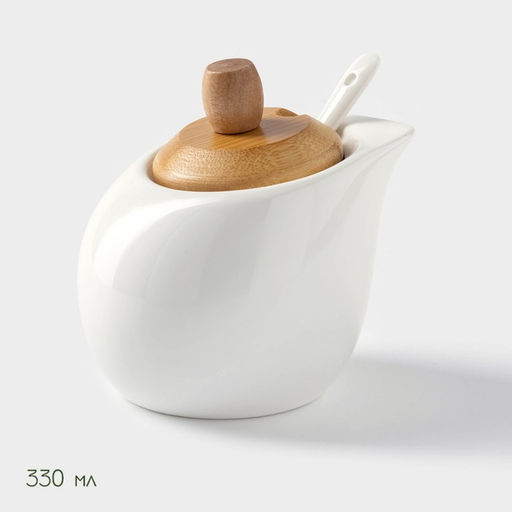 Набор для специй на бамбуковой подставке BellaTenero Капельки, 3 предмета: солонка 60 мл, перечница 60 мл, сахарница с ложкой 330 мл, фарфор, белый фото 3