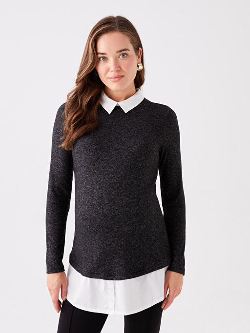 G?mlek Yaka D?z Uzun Kollu Hamile Ti??rt