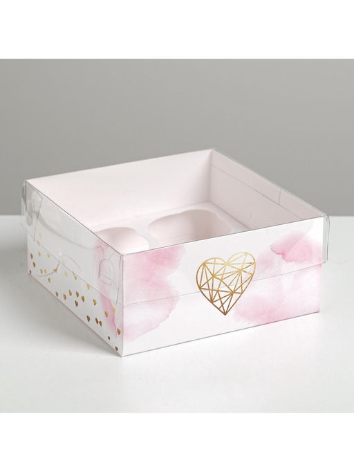 Цена за 5 шт. Коробка для капкейков, кондитерская упаковка, 4 ячейки «Love», 16×16×7.5 см