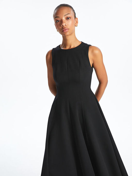 Bisiklet Yaka Pileli Krep Elbise