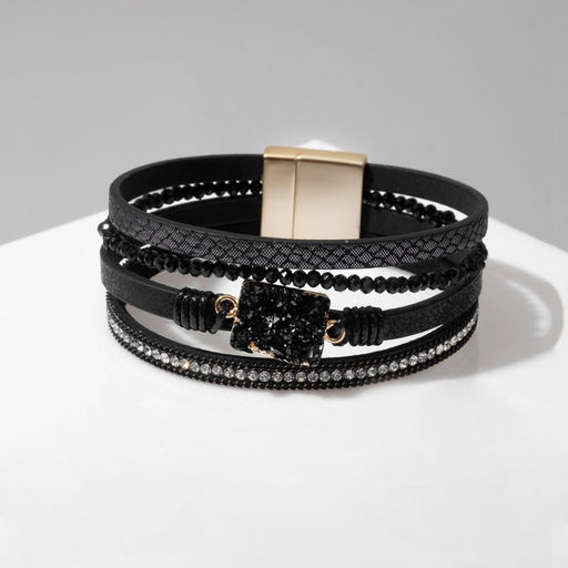 Браслет кожа на магните «Нэйчурал», бело-чёрный в серебре, 19.5 см