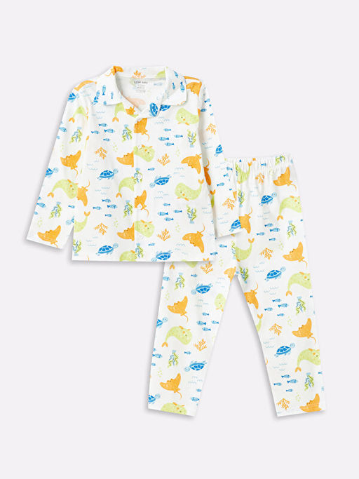 Polo Yaka Uzun Kollu Bask?l? Erkek Bebek Pijama Tak?m