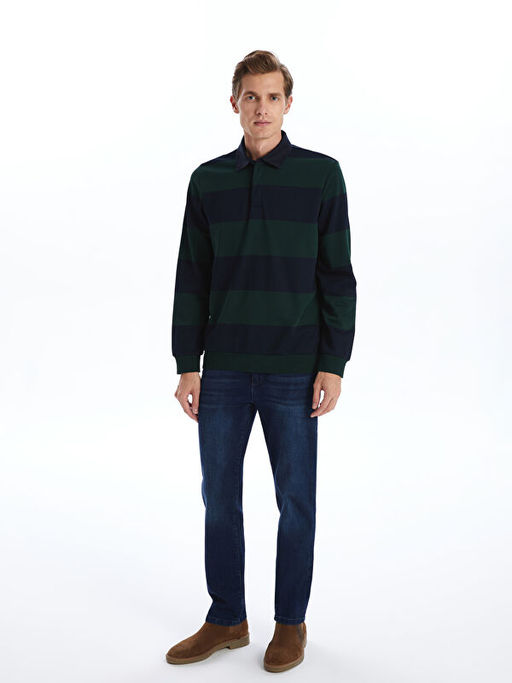 Polo Yaka Uzun Kollu ?izgili Erkek Kal?n Sweatshirt