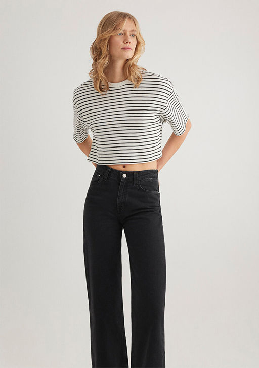 Cizgili Crop Tisort - Mavi фото 2