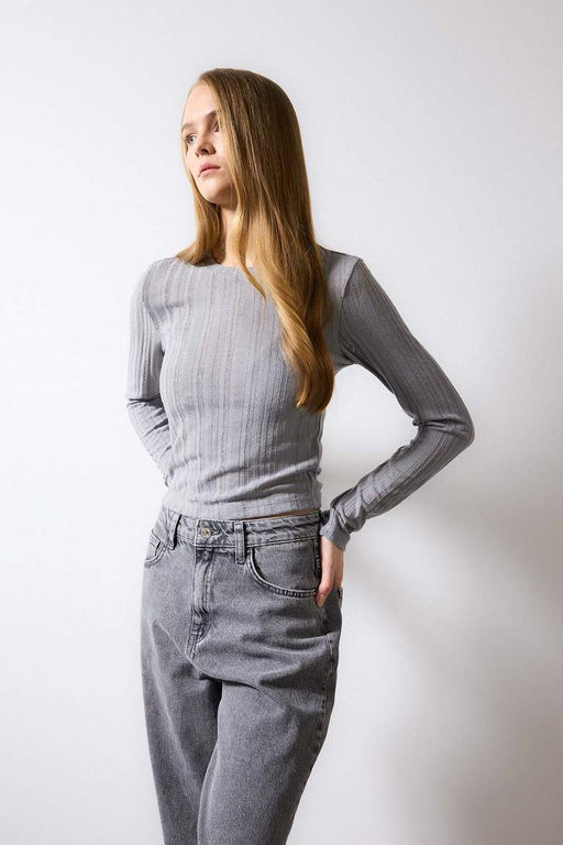 Приталенная футболка с длинным рукавом и круглым вырезом - Defacto фото 3