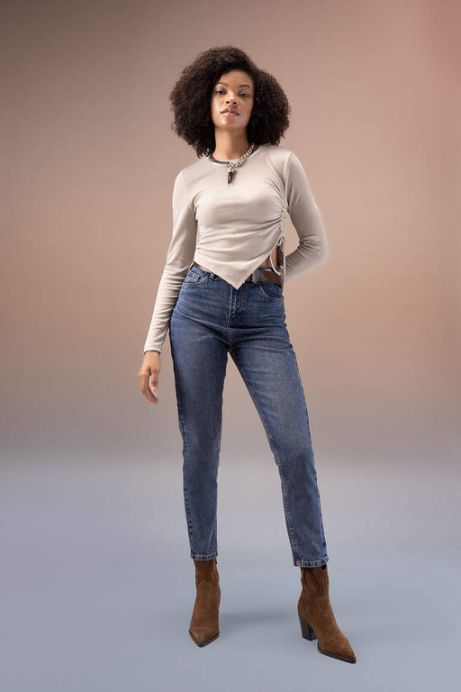 Асимметричная футболка с длинным рукавом и круглым вырезом в рубчик - Defacto фото 2