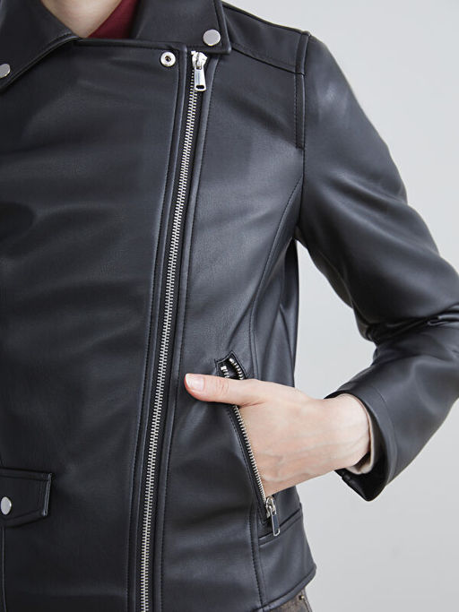 Biker Yaka Kad?n Deri G?r?n?ml? Ceket