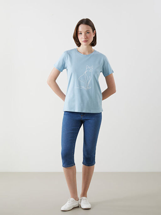 Bisiklet Yaka Bask?l? Penye Kad?n Ti??rt