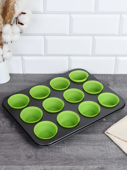 Набор для выпечки кексов и капкейков 12 ячеек 36х26 + Форма силиконовая для кексов 12 штук / RSD-50/GF-743 Зеленый - Галеонтрейд фото 4