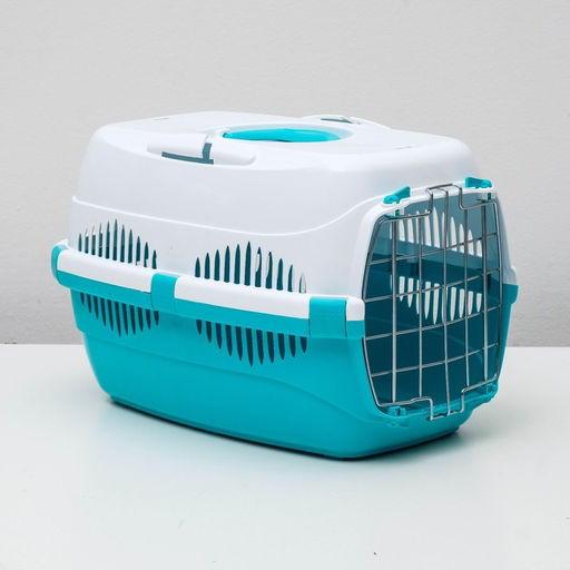 Переноска для животных до 9 кг Пижон, металлическая дверь, 43х29х27,5 см, бело-бирюзовая  фото 2