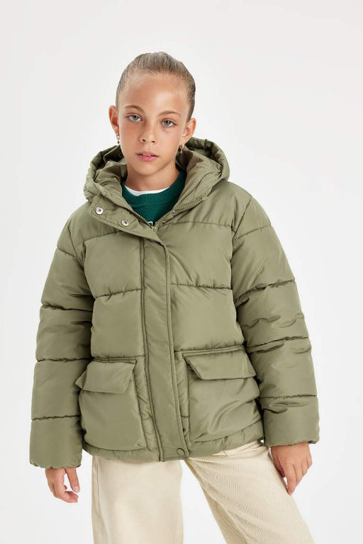 Водоотталкивающая куртка-пуховик для девочек с капюшоном на флисовой подкладке и карманом на молнии - Defacto фото 4