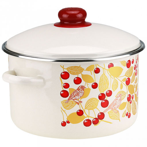 "Птички и вишня" Кастрюля эмалированная 4л, цилиндрическая форма, металлическая крышка, ободок из нержавеющей стали, бисквит (Россия)