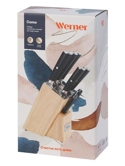 52137 WERNER Набор ножей COMO из 6шт. на подставке (нож поварской, нож разделочный, нож сантоку, нож универсальный, нож для овощей, ножницы). Материал лезвия: сталь 3Cr13. Материал ручки: сталь, ABS-пластик. Материал подставки: дерево.  фото 15