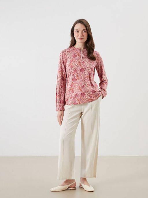 Ba?lamal? Yaka Etnik Desenli Bluz