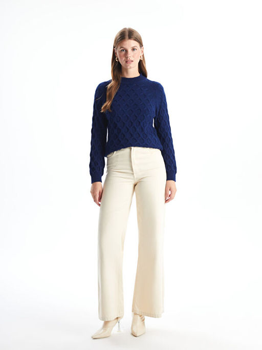 Bisiklet Yaka Kendinden Desenli Uzun Kollu Kad?n Triko Kazak