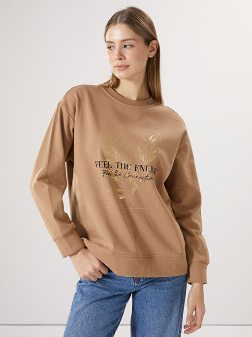 Bisiklet Yaka Bask?l? Oversize Kad?n Kal?n Sweatshirt