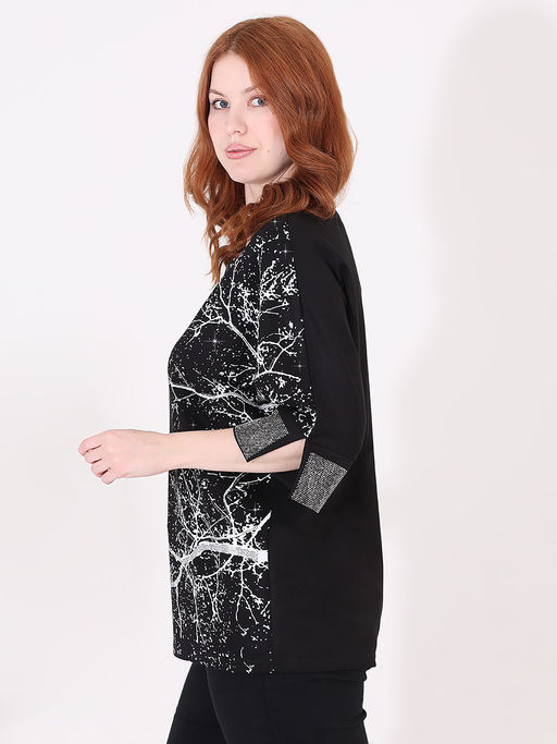 Блузка нарядная со стразами черная с принтом - Almond фото 3