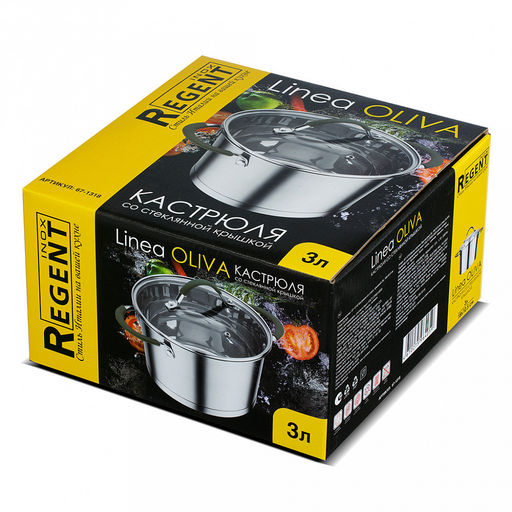 Кастрюля из нержавеющей стали "Oliva" 2,3л, д18см, h10,5см, s0,5мм, дно s3мм, индукционное дно д16см, стеклянная крышка, ручки из нержавеющей стали с силиконовым покрытием, конусообразная форма с матовой полировкой снаружи и зеркальной полировкой вну