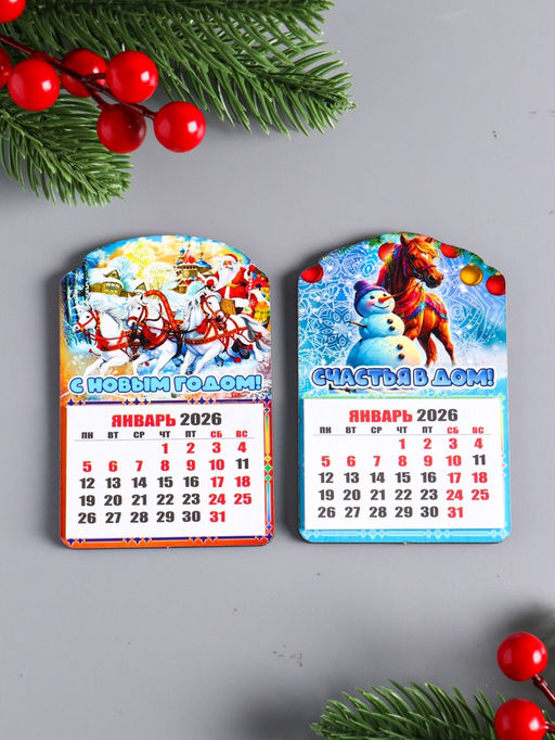 Набор магнитов на холодильник с календарём 2026, 2 шт., Конь: С Новым годом, Счастья в дом, 9.5?6.5 см
