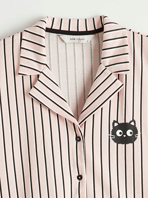 G?mlek Yaka ?izgili Kad?n Pijama ?st?