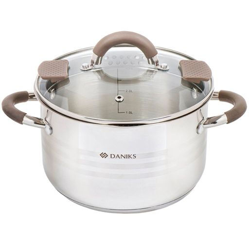 Кастрюля нержавеющая сталь, 3.9 л, с крышкой, крышка стекло, Daniks, Нара, GS-01413HY-20CA-2, серебр  фото 2