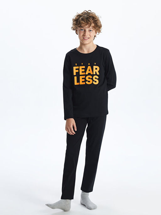 Bisiklet Yaka Bask?l? Uzun Kollu Erkek ?ocuk Pijama Tak?m?