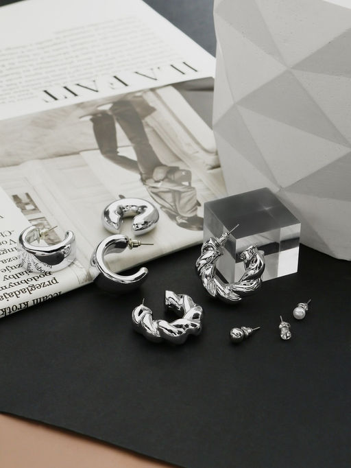 Серьги и кафф QF Переплетение, набор 8 шт. цвет серебро  фото 5