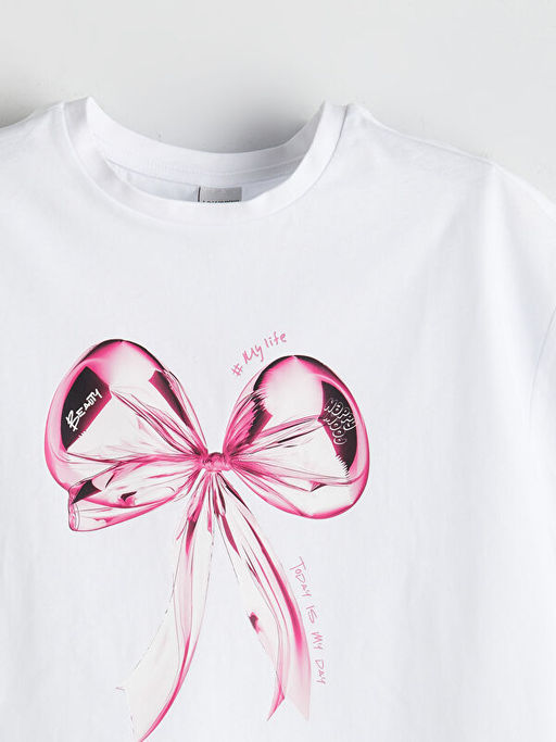 Bisiklet Yaka Fiyonk Bask?l? K?z ?ocuk Ti??rt