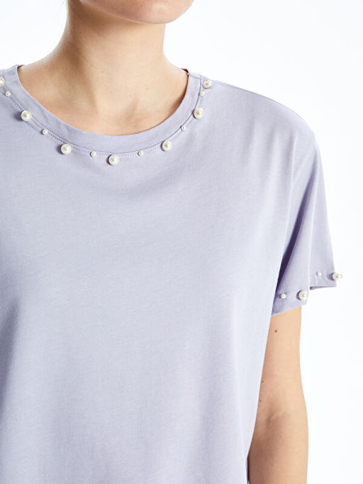 Bisiklet Yaka Boncuk ??lemeli Kad?n Ti??rt