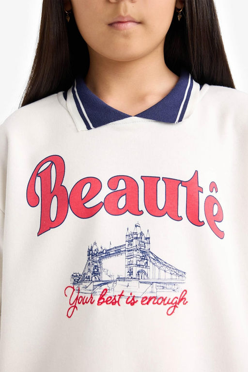 Relax Fit Polo Yaka Bask_l_ Sweatshirt K_z _ocuk - Defacto фото 9
